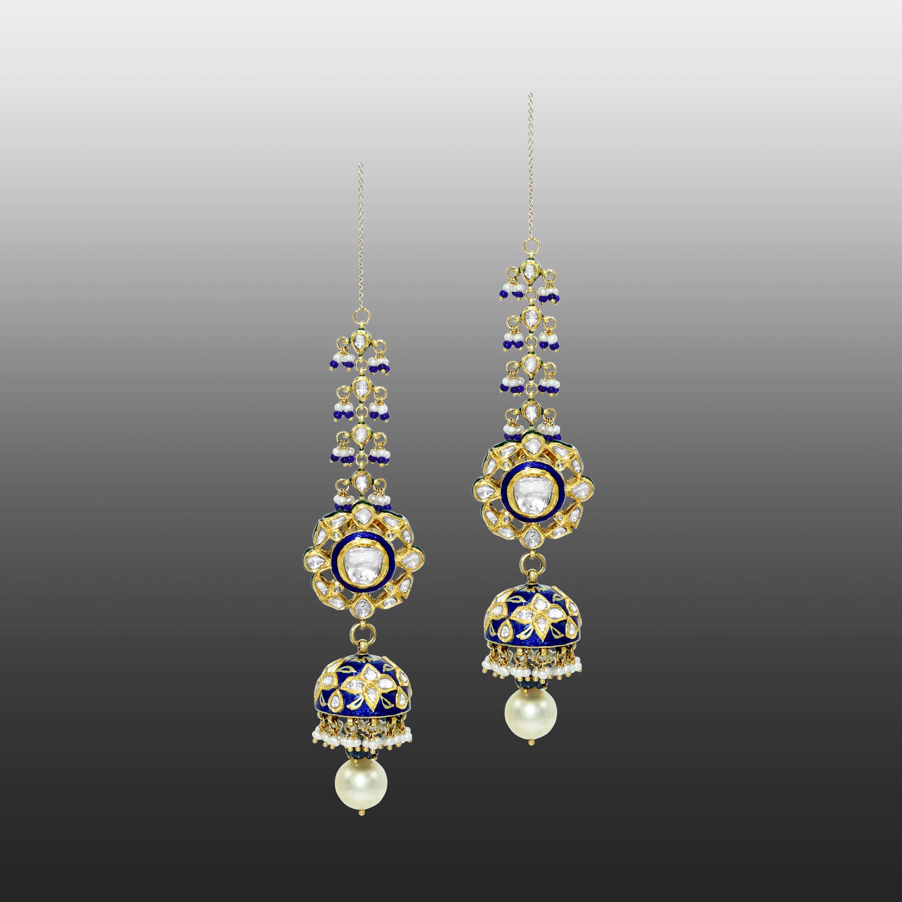 Blue Meenakari Jhumki Earrings with Polki and Pearl Drops